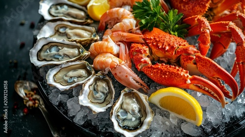 Fresh seafood platter with oysters, shrimp, and crab on ice with lemon slices and parsley.