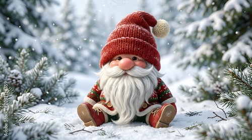 Adorable Festive Christmas Gnome Sitting in a Snowy Winter Forest with Pine Trees and Falling Snow