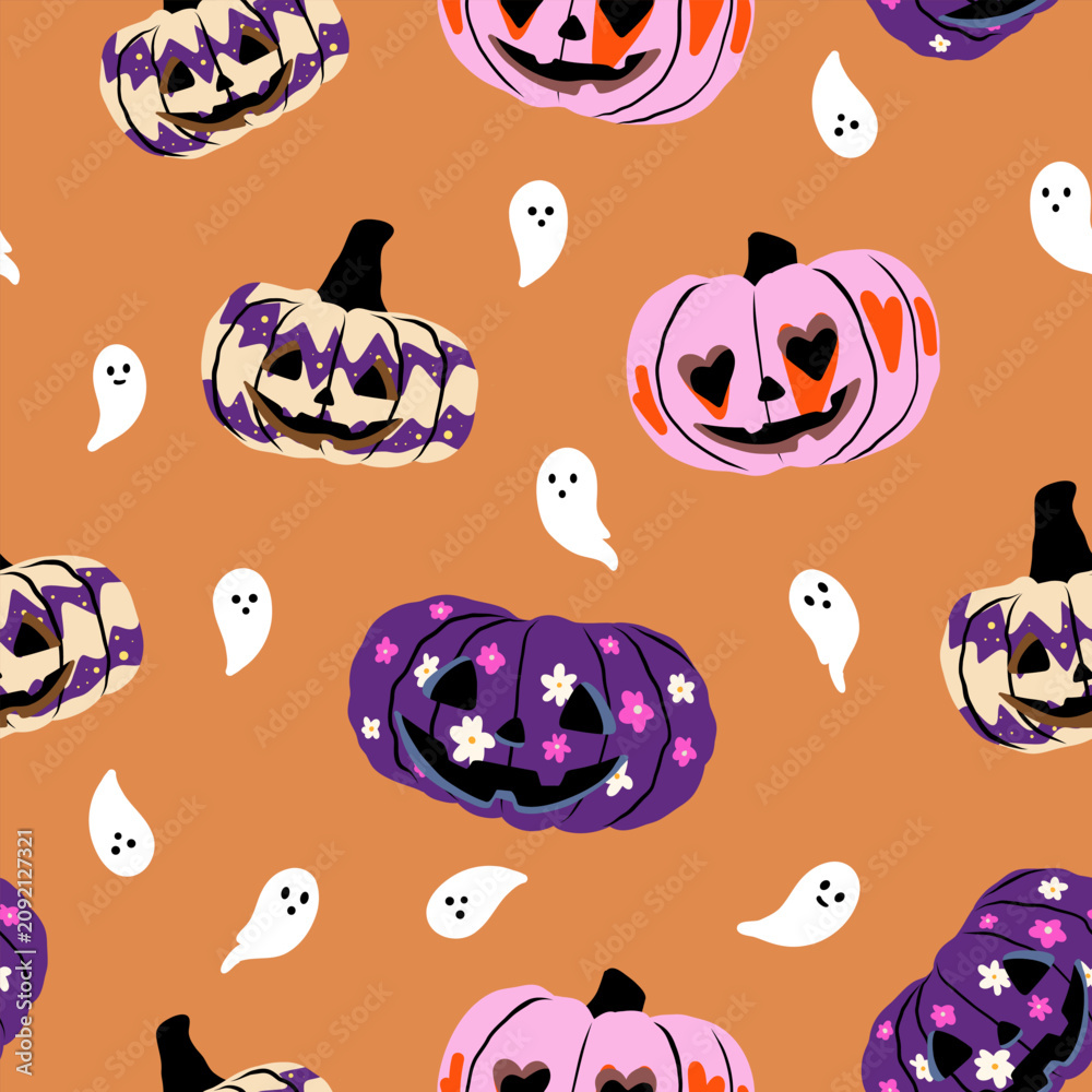 Fototapeta premium Cute pastel Halloween pumpkins and ghosts seamless pattern