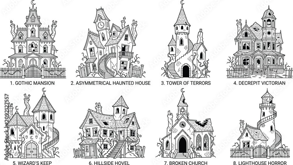 Obraz premium Hand Drawn Haunted House and Gothic Horror Architecture Vector Collection with Spooky Fantasy Buildings Outline Set