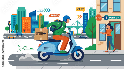 Photos Delivery rider on scooter handing package.