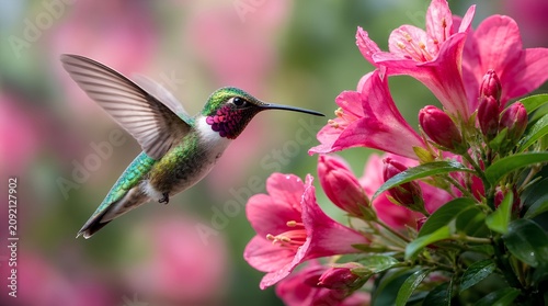 A hovering hummingbird with iridescent green feathers reaches toward vivid pink blossoms in a garden, useful for nature, pollinator, and spring advertising.