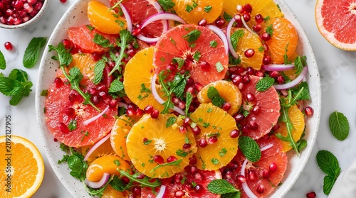 A vibrant citrus salad with orange, grapefruit, pomegranate, mint, arugula, and red onion on a white plate, suited to fresh recipe and wellness campaigns.