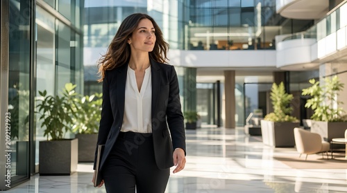 A confident businesswoman walks through a bright glass office atrium holding a folder, ideal for corporate leadership, recruitment, and professional branding campaigns.