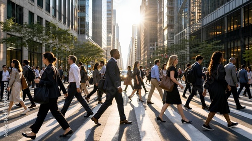 Business professionals cross a busy downtown intersection at sunset, highlighting urban commuting, corporate life, and rush hour movement for workplace campaigns.