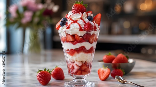 A strawberry parfait with whipped cream, berry sauce, and blueberries in a glass on a marble counter, ideal for dessert menus, cafe promotions, or summer recipes.