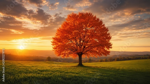 A lone tree with vivid orange autumn foliage stands in a green meadow at sunset, ideal for seasonal travel, nature, and environmental campaign designs.