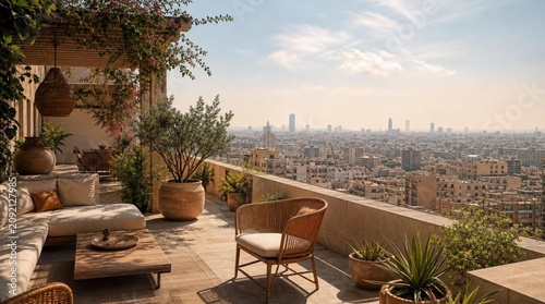 A sunlit luxury rooftop terrace with lounge seating, potted greenery, and wide city skyline views suits real estate, hospitality, or urban living promotions.