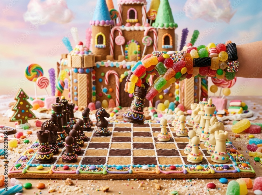 Fototapeta premium Child's hand moving candy chess piece in whimsical gingerbread scene 