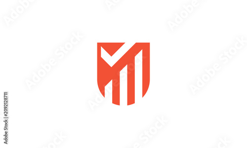 Modern orange shield data chart logo design, abstract geometric letter M checkmark growth icon, minimalist finance security analytics insurance corporate brand symbol isolated