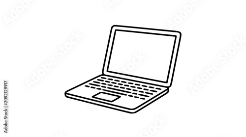Angled laptop computer vector icon, bold hand-drawn outline illustration with open screen, keyboard and trackpad, clean minimalist scalable device for remote work and technology design