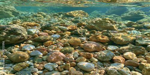 Underwater scene with colorful rocks on riverbed