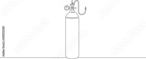 Single continuous line drawing of a metal oxygen gas cylinder. Simple outline editable stroke. Contour art vector illustration