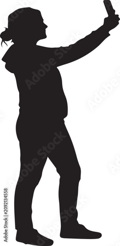 Foto Dynamic Silhouette of a Woman Capturing a Moment with Her Smartphone, Engaging i