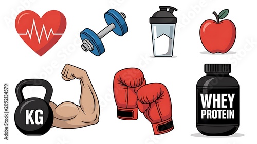 Fitness workout equipment icons featuring heart dumbbell shaker apple kettlebell muscle boxing gloves and whey protein on white background