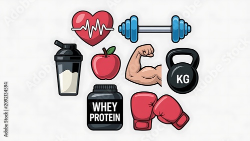 Fitness gym workout icons collection with dumbbell protein boxing gloves kettlebell heart muscle and shaker on white background
