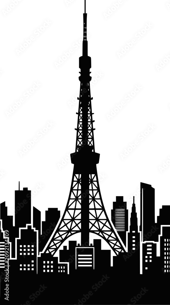 Obraz premium Black silhouette of Tokyo Tower and city skyline graphic