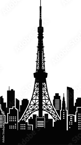 Black silhouette of Tokyo Tower and city skyline graphic