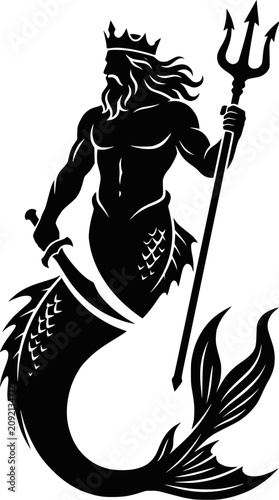 Black silhouette of merman Triton holding a trident and sword