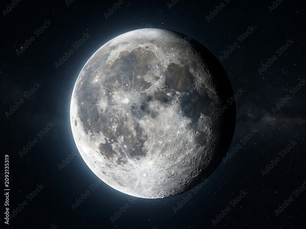 Fototapeta premium Realistic Full Moon in Deep Space Starry Background Cinematic View