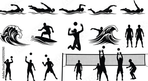 Photography Sports silhouette collection, swimming surfing volleyball actions, athletes in m