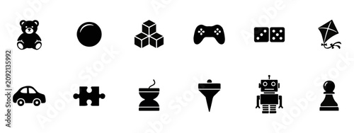фотографія Set of black silhouette icons depicting toys and games with recreation childhood