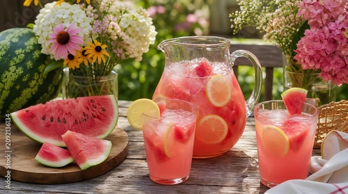 Refreshing watermelon lemonade with lemon slices, ice, glasses, sliced melon, and summer flowers on a rustic garden table for seasonal drink promotions.