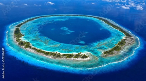 Aerial view of a turquoise coral atoll encircling a deep blue lagoon in the ocean, suited for tropical travel, conservation, and resort marketing.