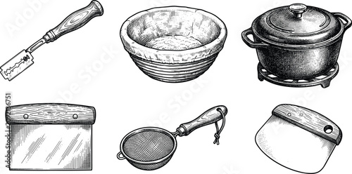 Obraz na płótnie Hand Drawn Sourdough Baking Tools Set Featuring Bread Lame Proofing Basket and D
