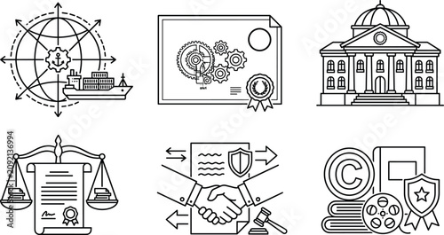 Legal and Corporate Business Concept Icon Set Featuring Law Government Contracts and Intellectual Property