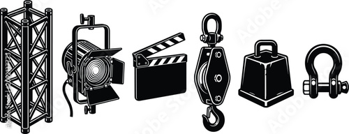 Valokuva Stage and Film Production Equipment Set Featuring Lighting Truss Clapperboard an