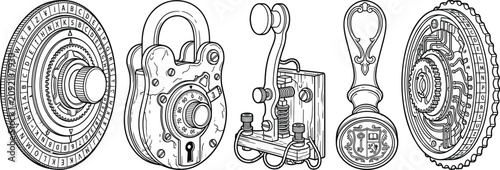 Canvastavla Vintage Cryptography and Security Tools Set Featuring Cipher Wheels Padlock Tele