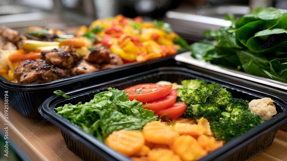 Obraz premium Freshly prepared healthy meals in black containers featuring grilled chicken colorful vegetables and leafy greens on a wooden surface