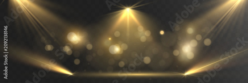 Golden Stage Spotlights with Luxury Bokeh Glow and Empty Award Ceremony Scene on Transparent Background