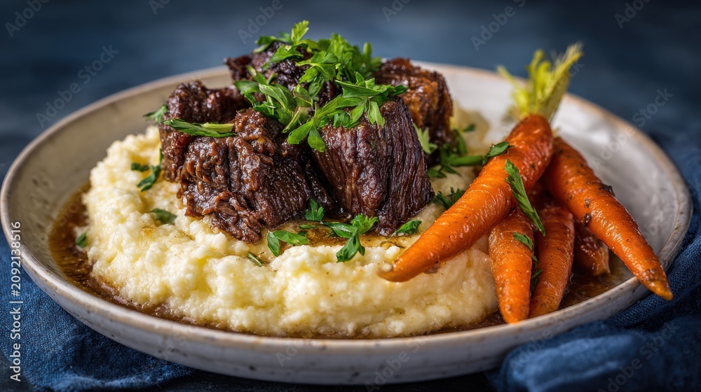 Fototapeta premium Hearty slow-cooked beef served on creamy polenta with vibrant carrots and fresh herbs on rustic plate