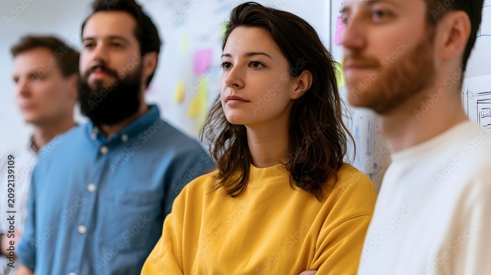 Obraz premium A group of people standing near a whiteboard covered with colorful sticky notes and simple sketches