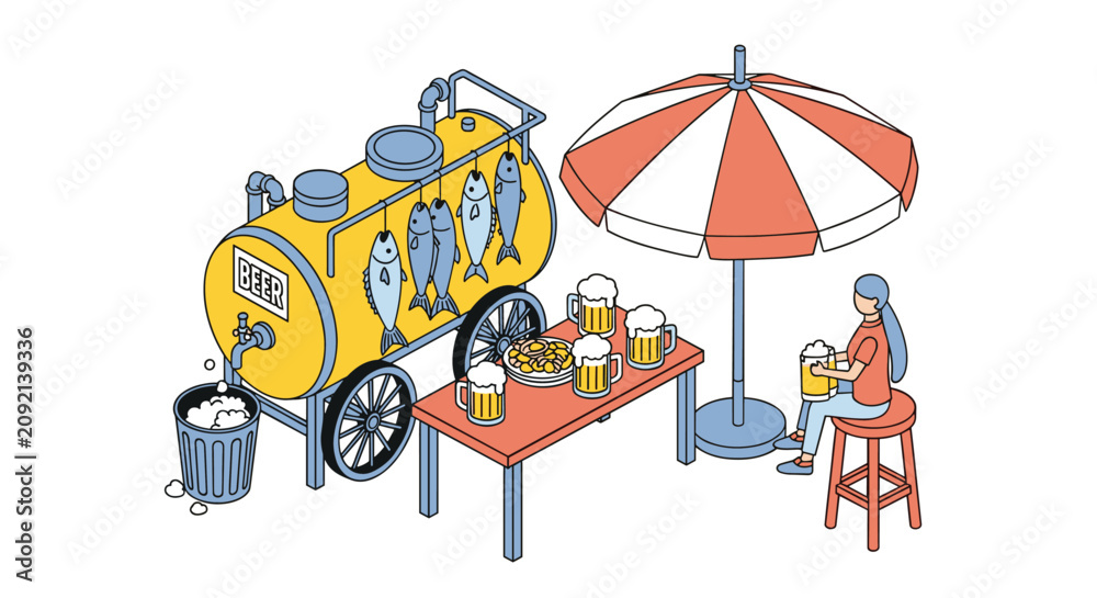 Naklejka premium Isometric illustration of a young woman sitting at a table and drinking beer next to a yellow mobile beer and dried fish stall at a beach.