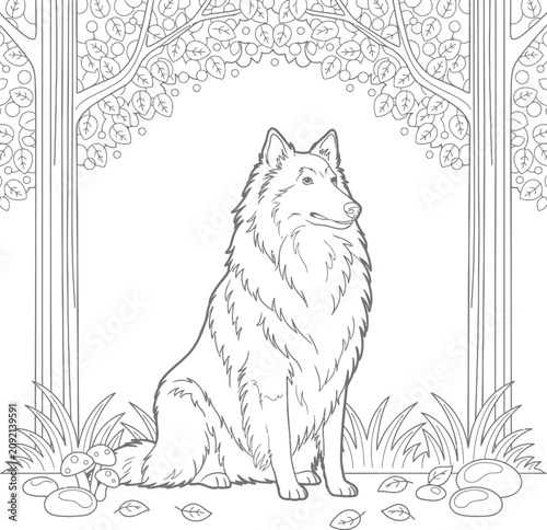 Wolf sitting in magical forest setting for adult coloring books black and white line art vector illustration of woodland.