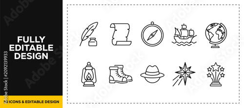 Konstfotografi flat vector illustration line art icon bundle set design displaying travel disco