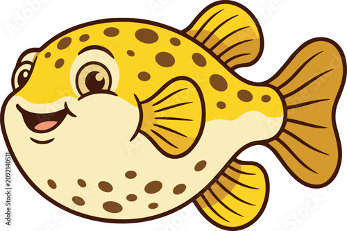 Fotografie Cute Pufferfish Vector Illustration Featuring Friendly Smiling Yellow Blowfish C