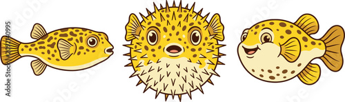 Bilde på lerret Pufferfish Vector Illustration Set Featuring Cute Yellow Blowfish Character in N