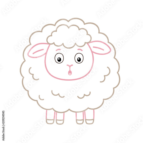 Children's outline watercolor illustration of a curly sheep in a minimalist style on a transparent background