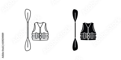 Canvastavla Kayaking paddle and safety life vest icon set in outline and solid black style