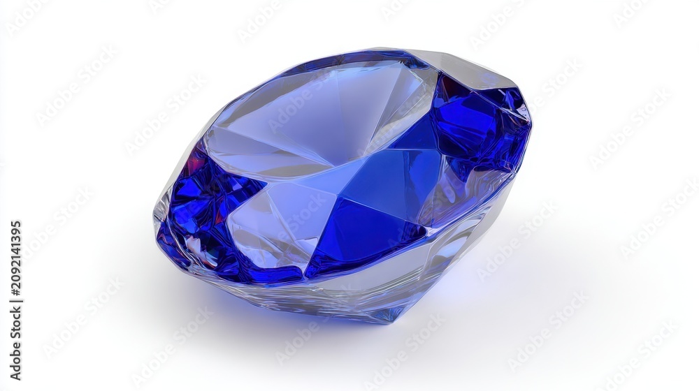 Fototapeta premium Stunning Blue Crystal Gemstone on White Background with Facets Reflecting Light in a Beautiful Display