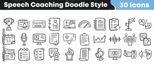 Collection of thirty hand drawn speech coaching and communication icons