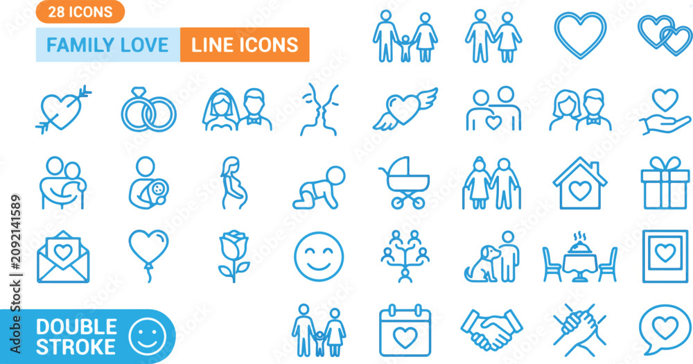 Fototapeta premium Family love line icons, double stroke style, 28 family symbols, relationship and parenting illustrations