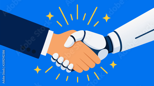 Human and robot handshake symbolizing artificial intelligence partnership and collaboration in modern business with radiating energy bursts and stars on vibrant blue background