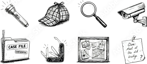 Detective and spy gear sketches with cap magnifying glass pocket knife and evidence board