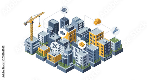 Isometric city urban construction project featuring modern buildings skyscraper developments and infrastructure maintenance icons