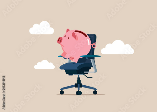 Pink piggy bank on office chair. Modern vector illustration in flat style
